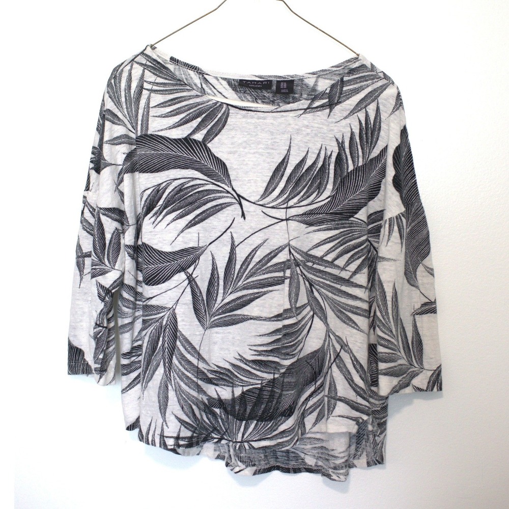 Tahari Women 1X Black White Tropical Palm Leaf 100% Linen 3/4 Sleeve Top Blouse